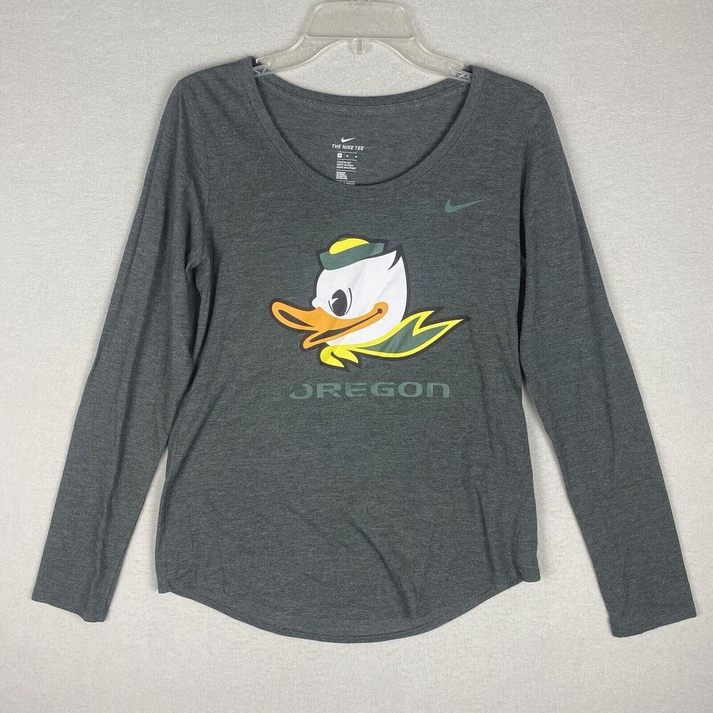 The Nike Tee Oregon Ducks Long Sleeve T-Shirt Womens Size Medium Gray Logo